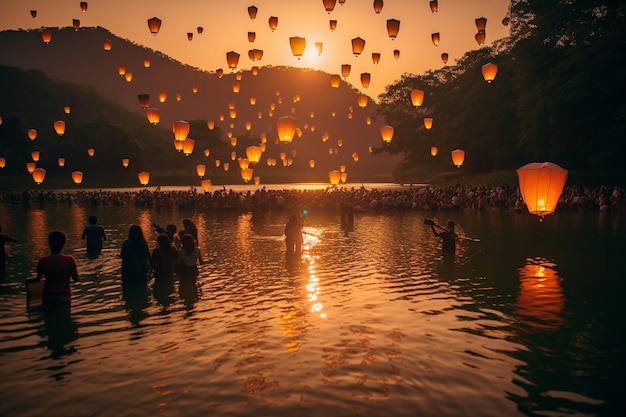 A group of people are floating in the water with lanterns floating in the water.