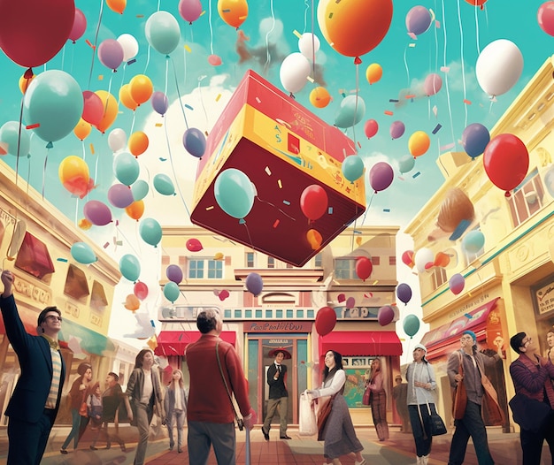 a group of people are flying balloons in a mall.