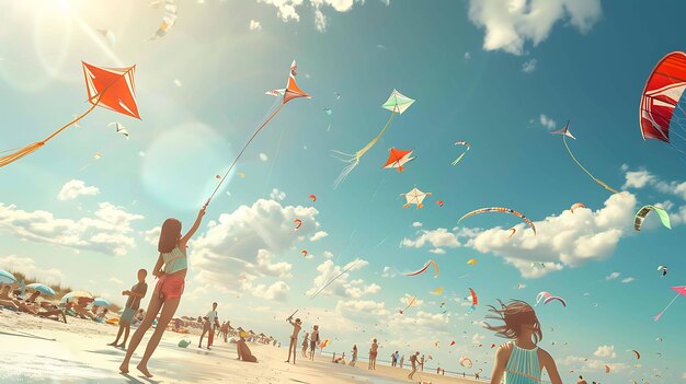 A group of people are flying kites on a beach The sun is shining and the sky is blue with some clouds