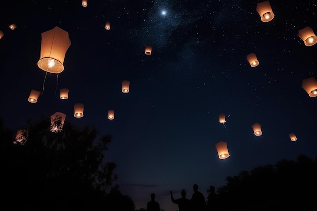 A group of people are flying lanterns with the moon in the background.