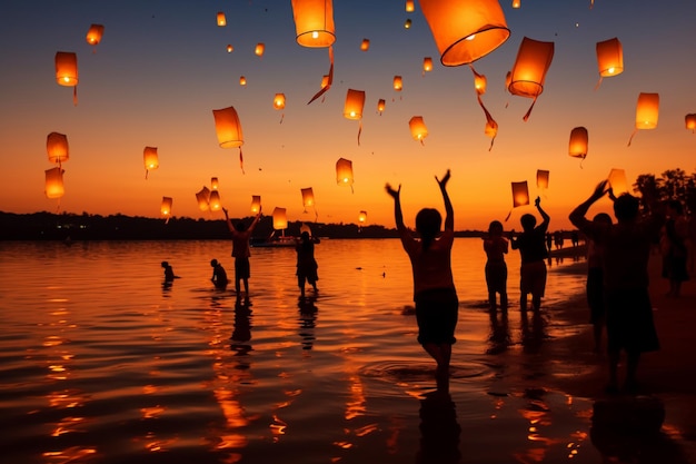 A group of people are flying paper lanterns into the water.