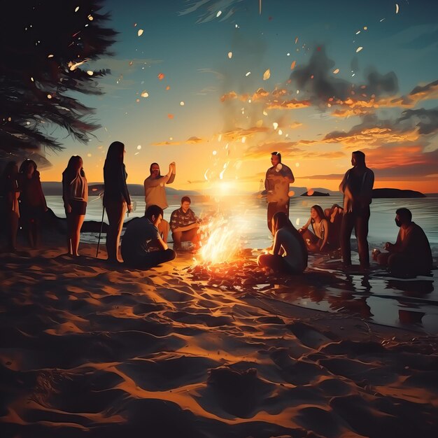 a group of people are gathered around a bonfire on a beach at sunset.