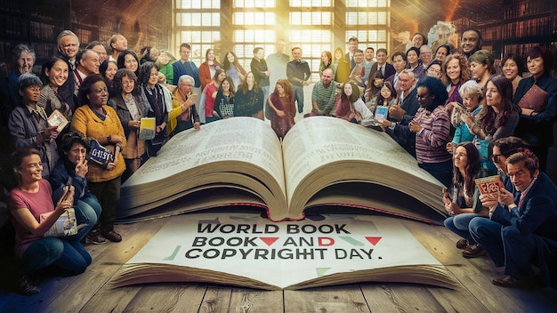 a group of people are gathered around a book titled worlds day