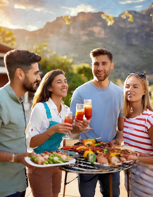 Foto un gruppo di persone è riunito attorno a una griglia che si godono un pasto insieme