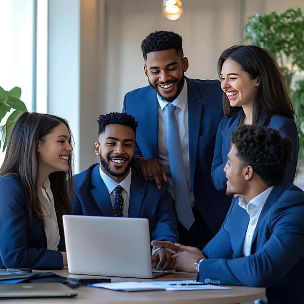 a group of people are gathered around a laptop