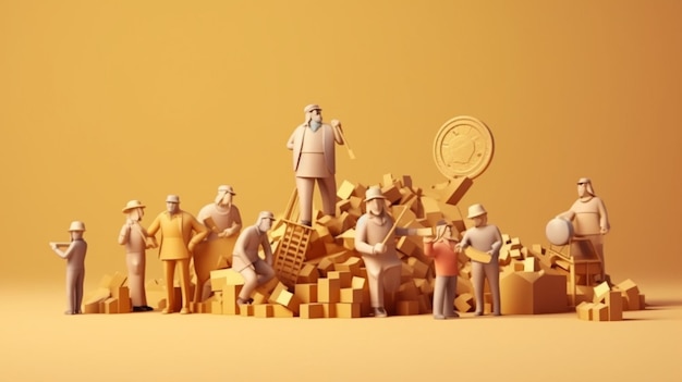 A group of people are gathered around a pile of bricks and a sign that says'brickwork '