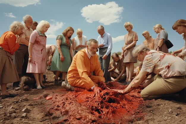 a group of people are gathered around a pile of dirt