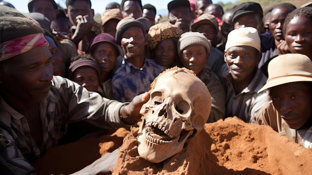 a group of people are gathered around a skull that says " # 1 ".