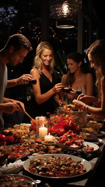 a group of people are gathered around a table with food and drinks