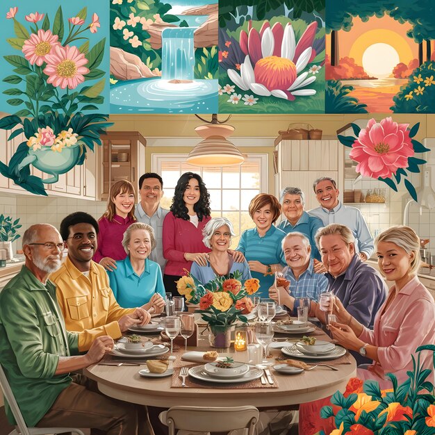 Photo a group of people are gathered around a table with a painting of flowers and a large flower