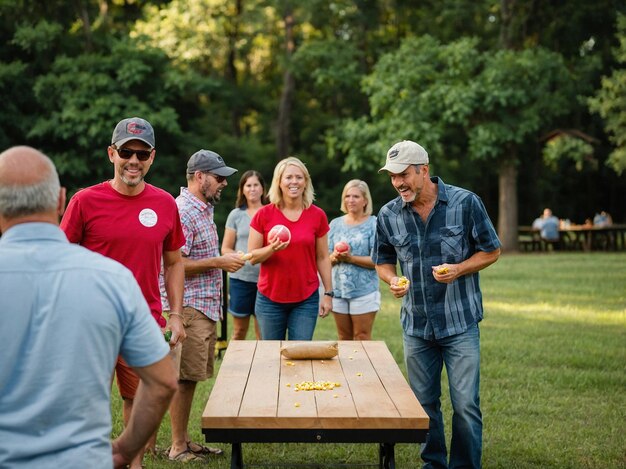 Photo a group of people are gathered around a table with a table with food on it