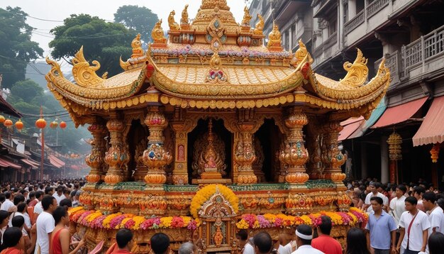 Photo a group of people are gathered around a temple with a temple in the background