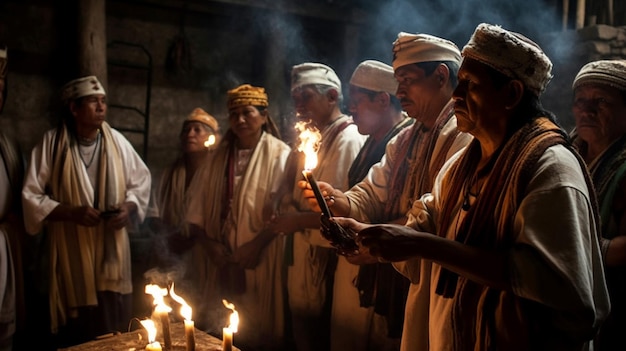 A group of people are gathered in a church, one of which is lit with candles.