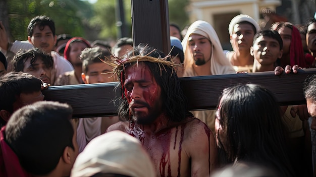 人々のグループがイエスという言葉が刻まれた十字架の前に集まっています。