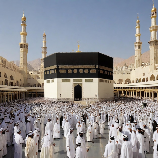 a group of people are gathered in a mosque with a black and white building in the background