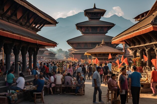 Photo a group of people are gathered outside of a building with a mountain in the background