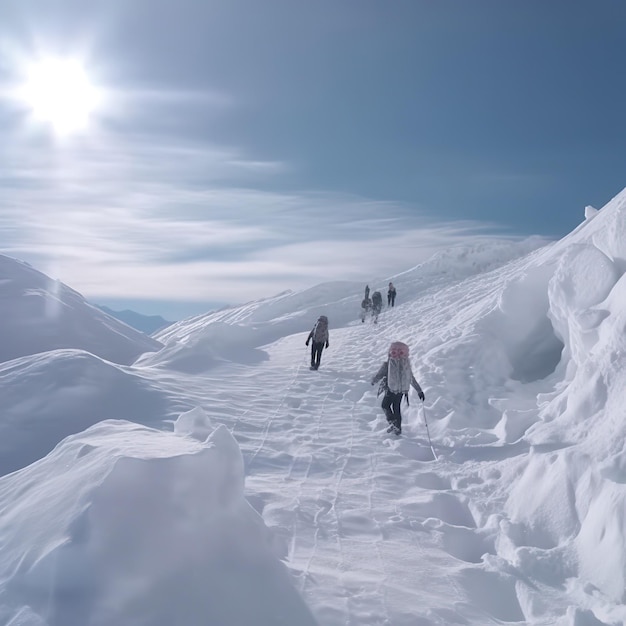 A group of people are hiking up a snowy mountain with a blue sky behind them.