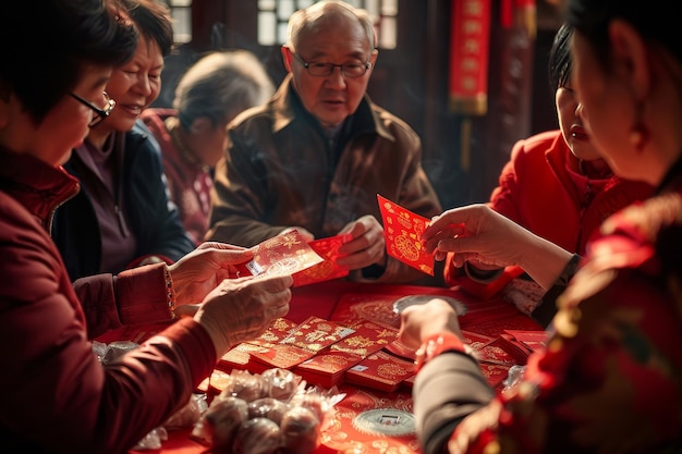 Photo a group of people are holding red envelopes red envelopes for chinese new year