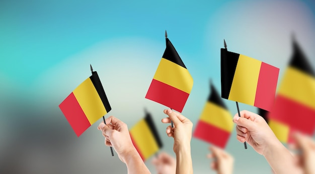 Photo a group of people are holding small flags of belgium in their hands