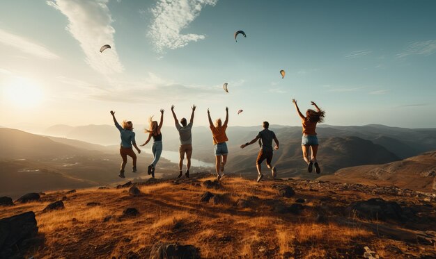 a group of people are jumping with the sun behind them.