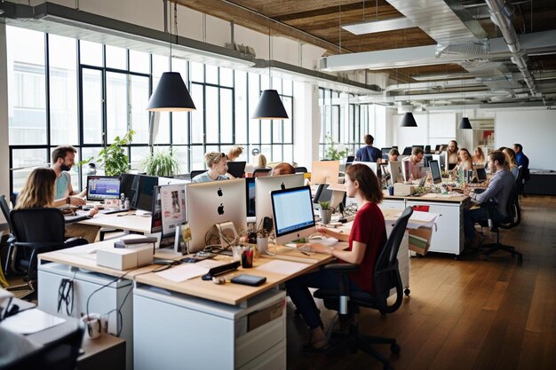 a group of people are in a large office with a man working on a computer