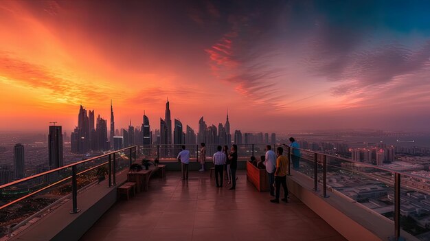 A group of people are looking at a city skyline.