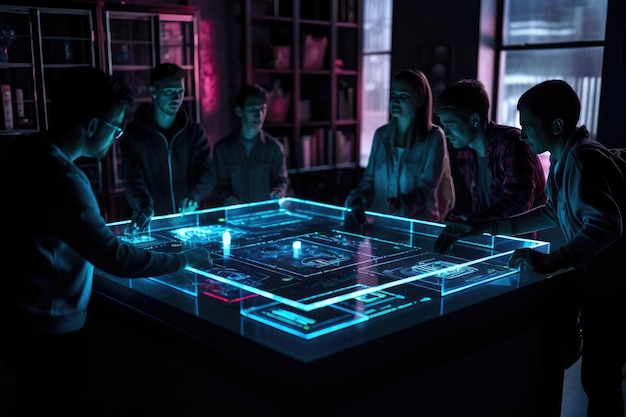 A group of people are looking at an interactive table Generative Ai