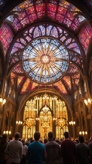 A group of people are looking at a large stained glass window