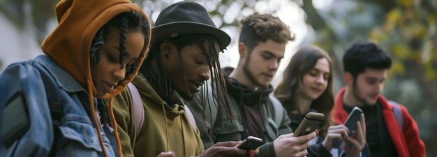 Foto un gruppo di persone sta guardando i loro telefoni