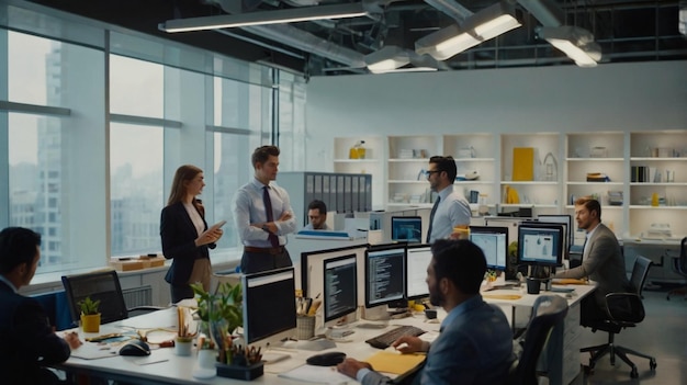 a group of people are in a meeting in a large office