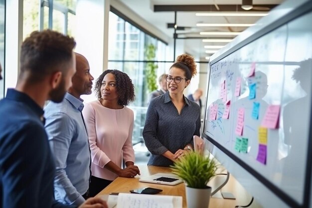 Photo a group of people are in a meeting with a computer monitor that says  do not work