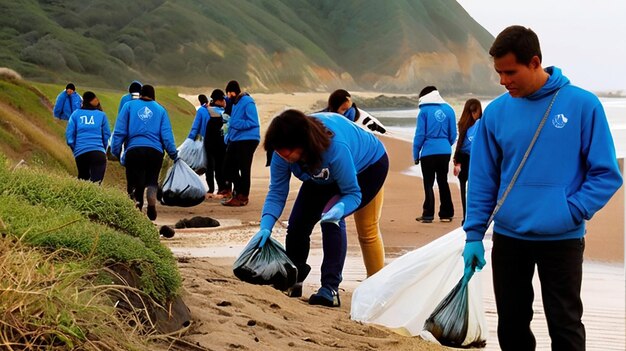 한 무리의 사람들이 해변에서 쓰레기를 모으고 있다.