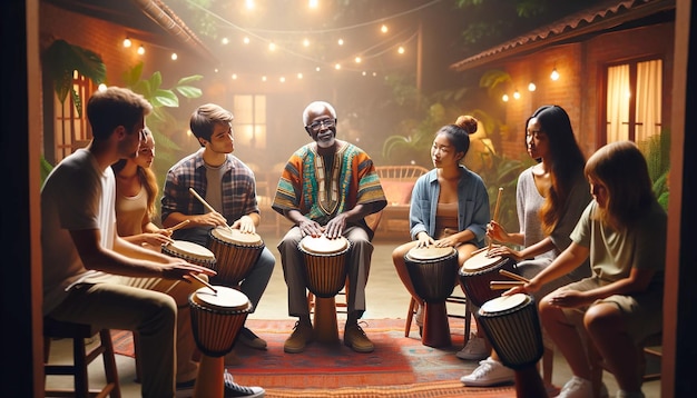 a group of people are playing the drums