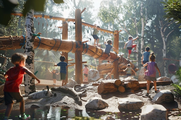 Photo a group of people are playing in a park with a wooden structure that says  the word  on it