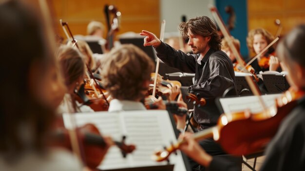 A group of people are playing violins in an orchestra aig