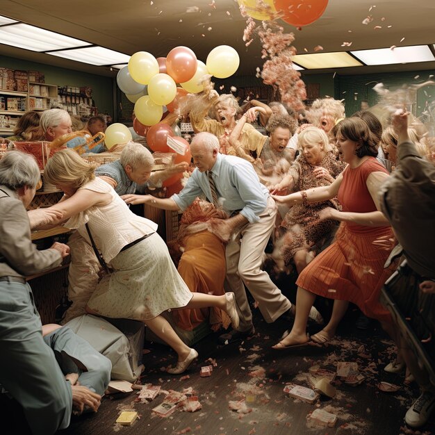 a group of people are playing with balloons and a man in a blue shirt is throwing a ball