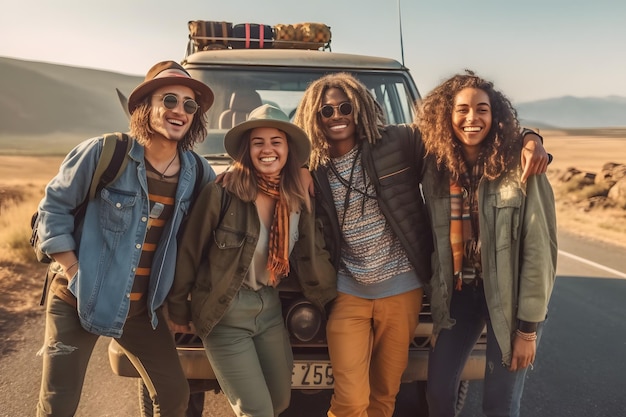 Photo a group of people are posing for a photo in front of a car with the license plate number 37.