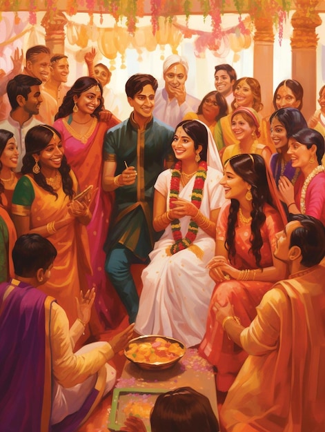 A group of people are posing for a photo with one wearing a sari.