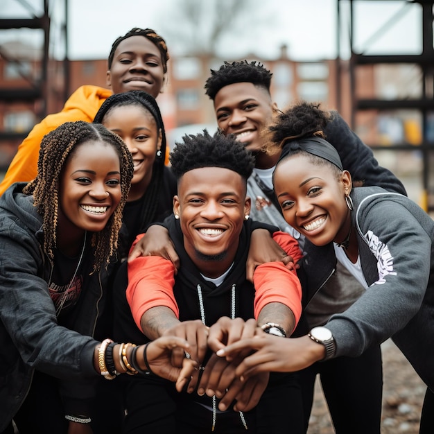 a group of people are posing for a photo with their hands together