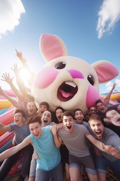 Foto un gruppo di persone sta posando con un gigantesco animale di peluche