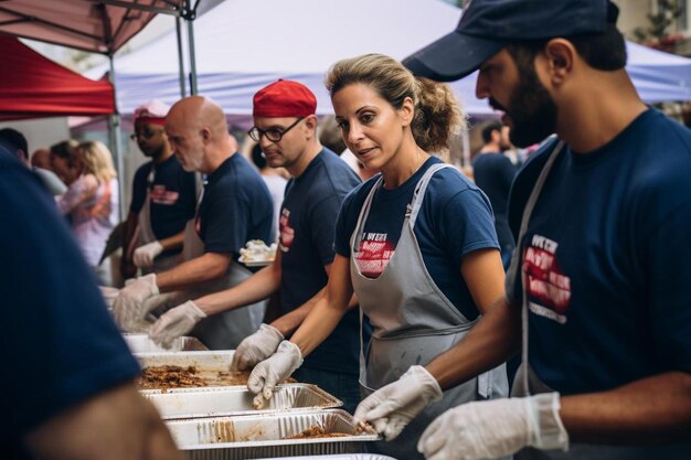 A group of people are preparing food at a food court.