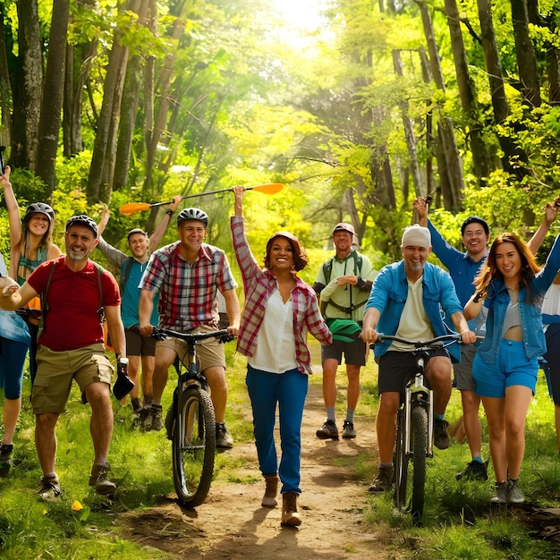 a group of people are riding bikes and one has a flag in the other hand