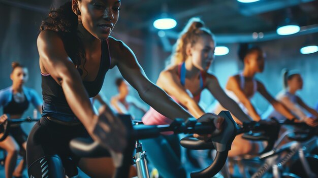 Photo a group of people are riding stationary bikes in a spin class the focus is on a