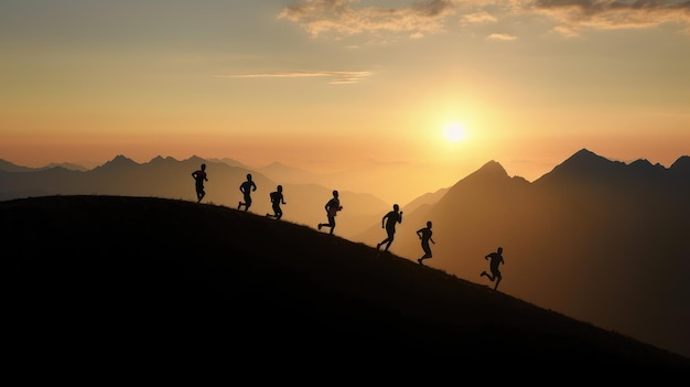 A group of people are running up a hill at sunset.