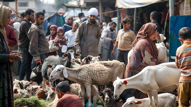 한 무리의 사람 들 이 시장 에서 염소 와 양 을 팔고 구입 하고 있다