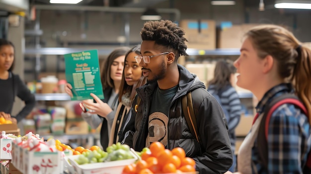 A group of people are shopping for groceries in a supermarket They are looking at the fruits and vegetables