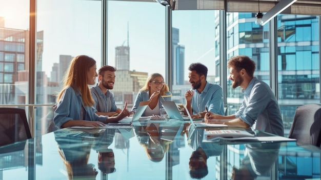 Photo a group of people are sitting around a table in a conference room aig