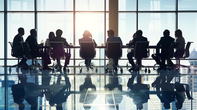 A group of people are sitting around a table in a conference room They are looking at the view of the city outside the window