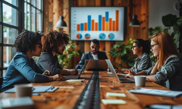 Photo a group of people are sitting around a table in a conference room working on a project the room is decorated with a large monitor displaying graphs and charts