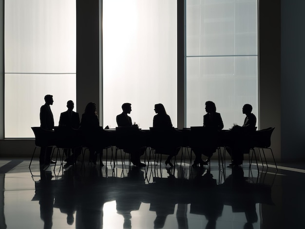 A group of people are sitting around a table in front of a large window.